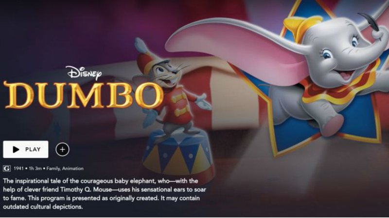 Aviso de conteúdo sensível do filem Dumbo no Disney+ (Foto: Reprodução)