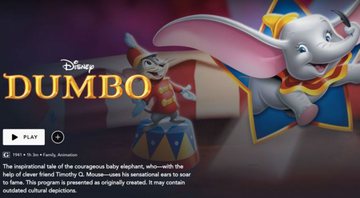 Aviso de conteúdo sensível do filem Dumbo no Disney+ (Foto: Reprodução)