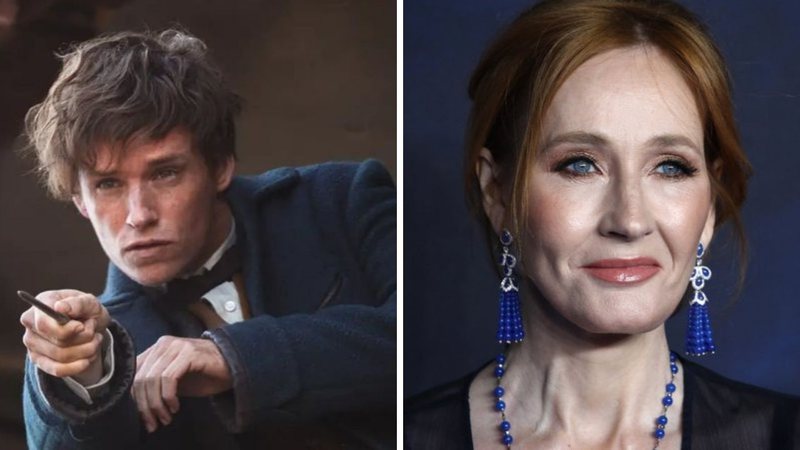 Eddie Redmayne em Animais Fantásticos (Foto: Reprodução) e J.K. Rowling (Foto: John Phillips / Getty Images)