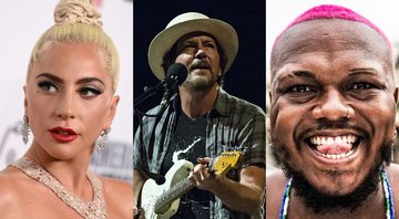 Lady Gaga (Foto:Jordan Strauss/Invision/AP), Eddie Vedder (Foto: Amy Harris / Invision / AP) e Djonga (Foto: Daniel Assis/Divulgação)