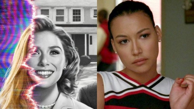 Elizabeth Olsen em pôster de WandaVision (Foto: Reprodução/ Marvel Studios - Disney) e Naya Rivera em Glee (Foto: Reprodução/Fox)