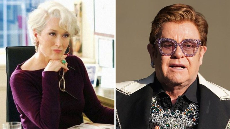 Meryl Streep em O Diabo Veste Prada (Foto: Divulgação) e Elton John (Foto: Kerry Marshall/Getty Images)