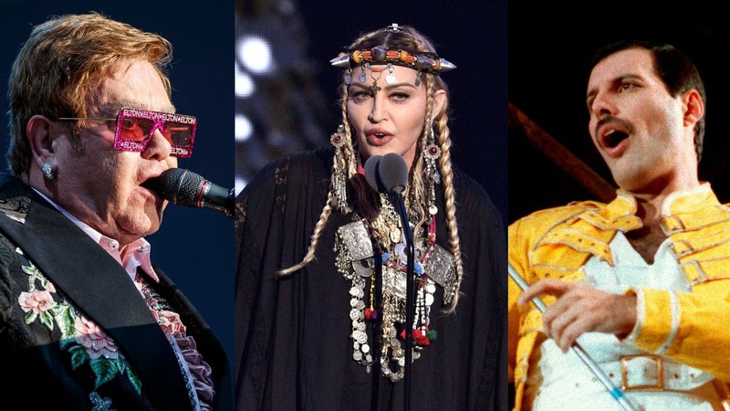 Elton John, Madonna, Freddie Mercury (Foto 1: Valentin Flauraud/AP | Foto 2: Chris Pizzello/AP | Foto 3: Marco Arndt/AP)