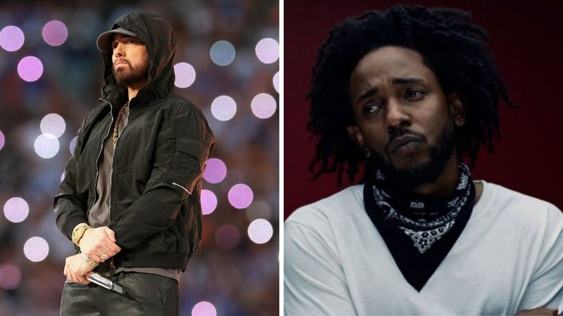 Eminem (Foto: Kevin C. Cox / Equipe) e Kendrick Lamar no clipe de ‘The Heart Part 5’ (Foto: Reprodução/YouTube)