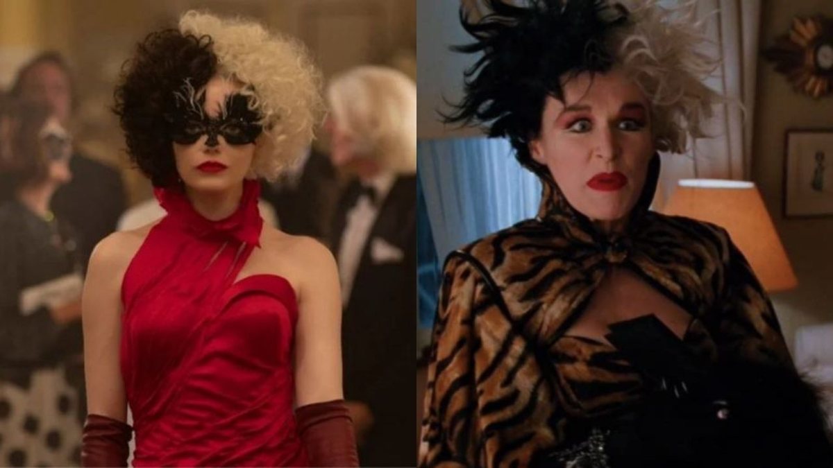 Emma Stone e Glenn Close como Cruella de Vil (Foto1: Divulgação | Foto 2: Reprodução)