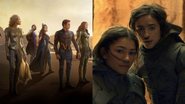 Eternos (Foto: Divulgação / Marvel) / Zendaya e Timothée Chalamet em Duna (Foto: Divulgação / Warner Bros. Pictures)