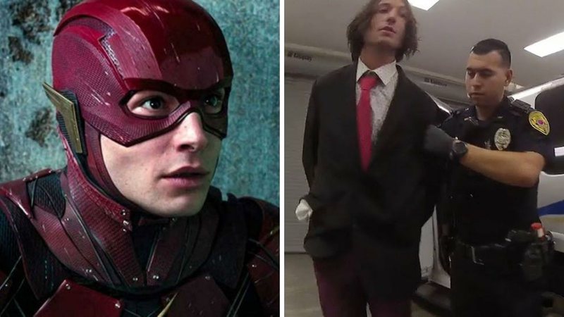 Ezra Miller como Flash (Foto: Reprodução / Warner) e o ator detido pela polícia (Foto: Reprodução / Twitter)