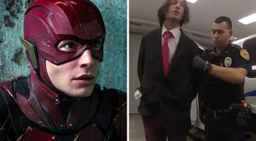 Ezra Miller como Flash (Foto: Reprodução / Warner) e o ator detido pela polícia (Foto: Reprodução / Twitter)