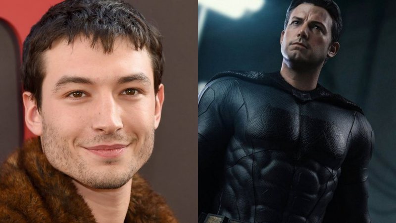 Montagem de Ezra Miller (Foto: Jamie McCarthy/Getty Images) e Ben Affleck como Batman (Foto: Reprodução / Twitter)