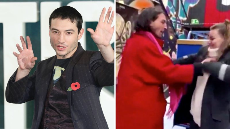 Ezra Miller (Foto: Tim P. Whitby / Correspondente) e ator agredindo uma mulher (Foto: Reprodução/Twitter)