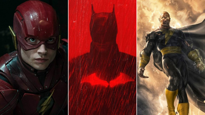 Ezra Miller em The Flash, Robert Pattinson em The Batman e Dwayne Johnson em Adão Negro (Foto: Reprodução)