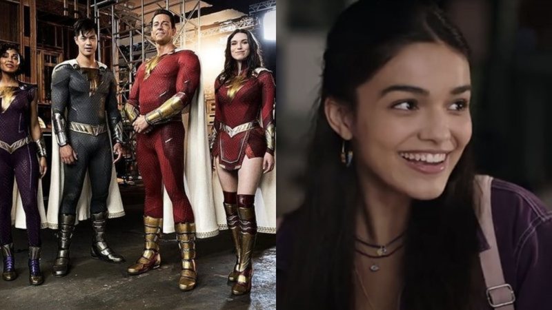 Família Shazam! nos bastidores da sequência (Foto: Reprodução/Warner Bros.) e Rachel Zegler (Foto: Reprodução /Twitter)