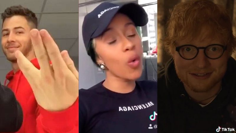 Nick Jonas, Cardi B e Ed Sheeran no TikTok (Foto: Reprodução/ TikTok)