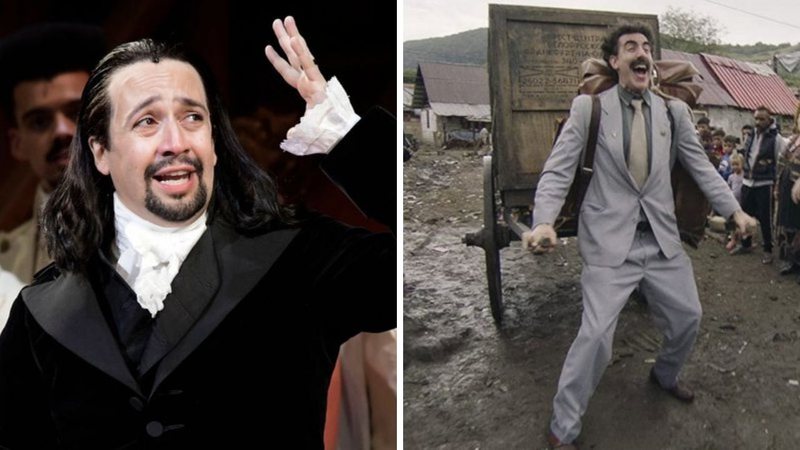 Lin-Manuel Miranda na estreia de Hamilton, em janeiro de 2019 (Foto: AP Photo/Carlos Giusti) e Sacha Baron Cohen em Borat 2 (Foto: Reprodução/Amazon Prime)