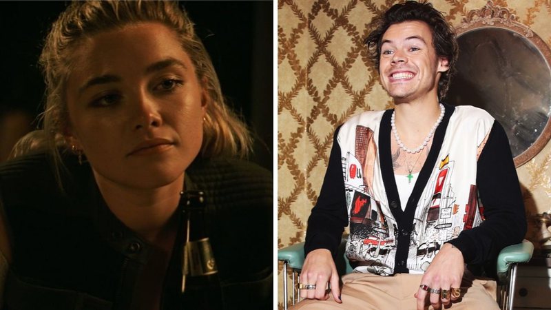 Florence Pugh em Viúva Negra (Foto: Reprodução /Twitter) | Harry Styles (Foto: Rich Fury/Getty Images for Spotify)