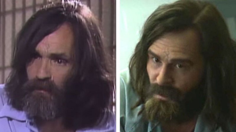 Montagem de Charles Manson na vida real (esq) e na série (dir)