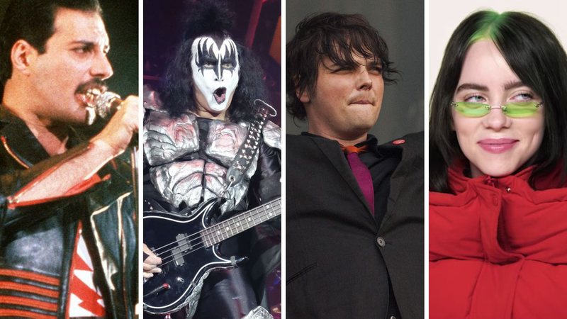 Freddie Mercury, Kiss, My Chemical Romance, Billie Eilish: qual seu favorito? (Foto 1: AP; Foto 2: Sebastian Willnow/ Picture Alliance/ DPA/AP Images; Foto 3: Barry Brecheisen/Invision/AP e Foto 4: Reprodução / YouTube)