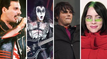 Freddie Mercury, Kiss, My Chemical Romance, Billie Eilish: qual seu favorito? (Foto 1: AP; Foto 2: Sebastian Willnow/ Picture Alliance/ DPA/AP Images; Foto 3: Barry Brecheisen/Invision/AP e Foto 4: Reprodução / YouTube)