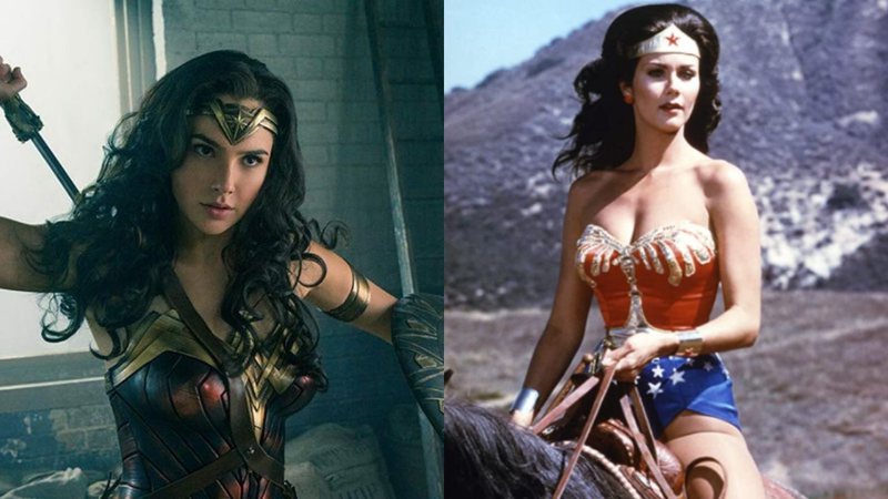 Gal Gadot e Lynda Carter como Mulher-Maravilha (Foto 1: Warner /Reprodução e Foto 2: Reprodução/Getty Images)