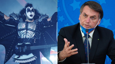 Montagem de Gene Simmons (Foto: Amy Harris/Invision/AP) e Bolsonaro (Foto: Andressa Anholete/Getty Images)