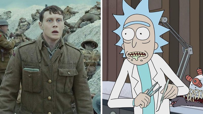 George MacKay em 1917 e Rick Sachez em Rick and Morty (Fotos:Reprodução)