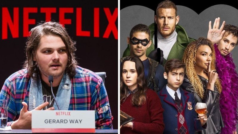 Gerard Way em São Paulo (Foto: Alexandre Schneider / Getty Images for Netflix) e The Umbrella Academy (Foto: Reprodução / Netflix)