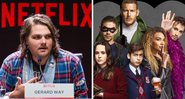 Gerard Way em São Paulo (Foto: Alexandre Schneider / Getty Images for Netflix) e The Umbrella Academy (Foto: Reprodução / Netflix)