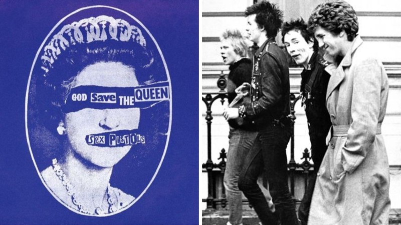 Capa de "God Save the Queen" à esquerda e Sex Pistols à direita (Foto 1: Reprodução e Foto 2: AP)