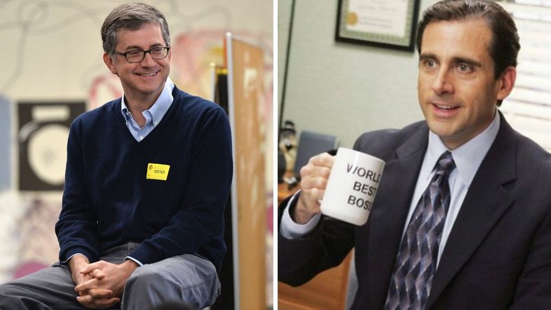 Greg Daniels (Foto: Getty Images / Alberto E. Rodriguez / Equipe) e Steve Carell como Michael Scott em The Office (Foto: Reprodução / Comedy Central)