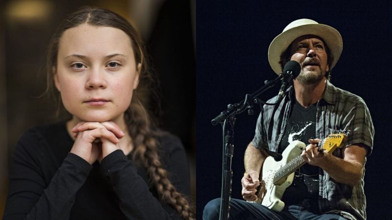 Montagem de Greta Thunberg e Eddie Vedder, do Pearl Jam (Foto 1: Reprodução/Instagram | Foto 2: Amy Harris / Invision / AP)