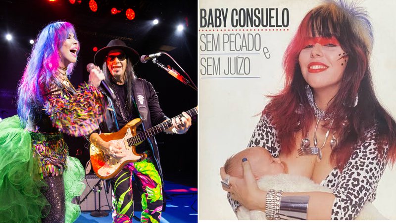 Baby do Brasil e Pepeu Gomes no show 'Baby & Pepeu ao vivo no Noites Cariocas'; à direita, a capa do álbum 'Sem Pecado e Sem Juízo' (Marcus Hermes/Reprodução)