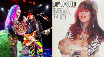 Baby do Brasil e Pepeu Gomes no show 'Baby & Pepeu ao vivo no Noites Cariocas'; à direita, a capa do álbum 'Sem Pecado e Sem Juízo' (Marcus Hermes/Reprodução)