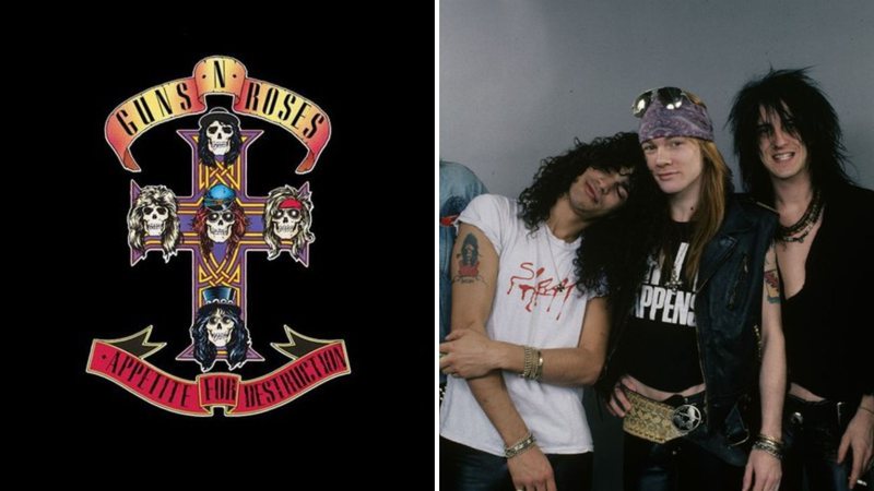 Capa de Appetite for Destruction (Foto: Reprodução /Twitter) e Guns N' Roses (Foto: Gene Ambo / Media Punch / IPX)