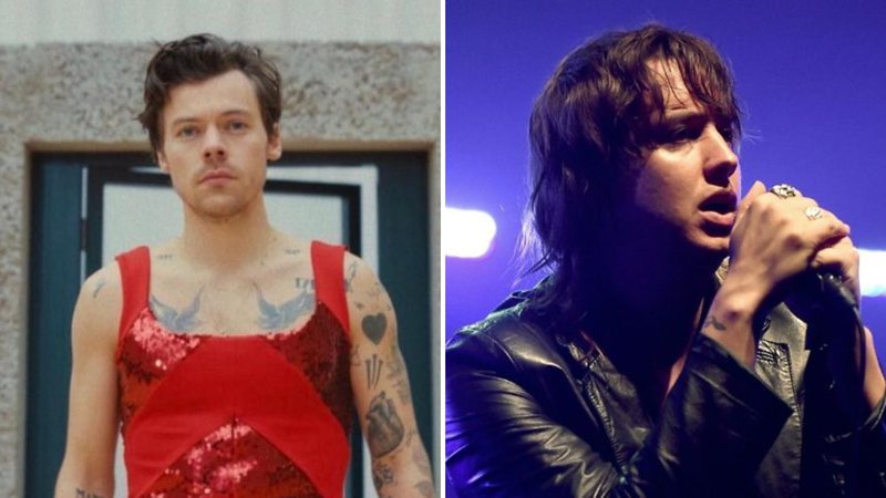 Harry Styles no clipe de "As It Was" (Foto: Reprodução/YouTube) e Julian Casablancas, do The Strokes (Foto: Kevin Winter/Getty Images)