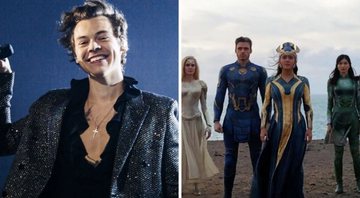 Harry Styles (Foto: Helene Marie Pambrun / Getty Images) e imagem de Eternos (Foto: Reprodução/Marvel)