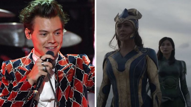 Harry Styles em 2017 (Foto: Kevin Winter/Getty Images for iHeartMedia) e Os Eternos (Foto: Divulgação / Marvel)