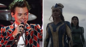 Harry Styles em 2017 (Foto: Kevin Winter/Getty Images for iHeartMedia) e Os Eternos (Foto: Divulgação / Marvel)