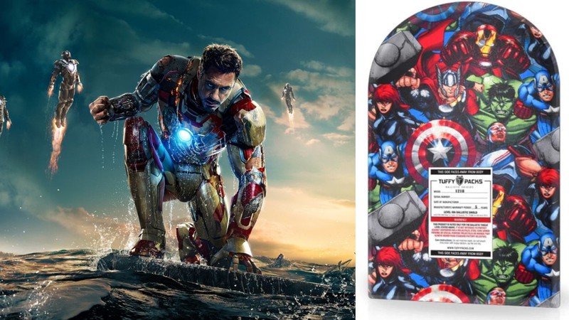 Homem de Ferro e mochila à prova de balas da TuffyPacks (Foto1: Divulgação/Disney e Foto 2: Reprodução / Site TuffyPacks)