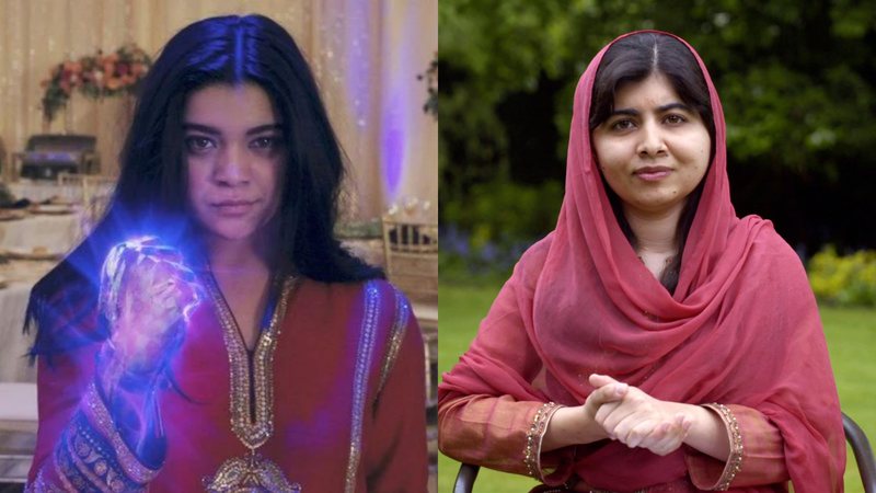 Iman Vellani em Ms. Marvel (Foto: Reprodução / Disney+) e Malala Yousafzai (Foto: Getty Images / Getty Images)