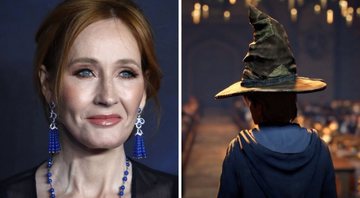 J.K. Rowling (Foto: John Phillips / Getty Images) e Imagem do trailer de Hogwarts Legacy (Foto: Reprodução)