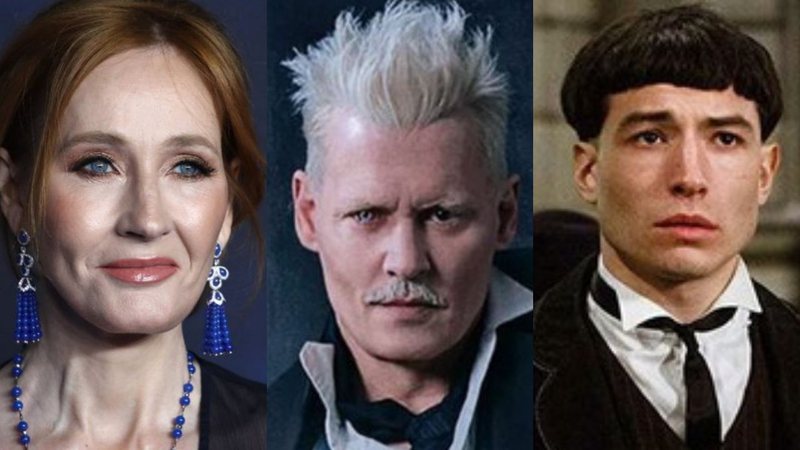 J.K. Rowling (Foto: John Phillips / Getty Images); Johnny Depp em Animais Fantásticos (Foto: Reprodução); Ezra Miller em Animais Fantásticos e Onde Habitam (Foto: Reprodução)