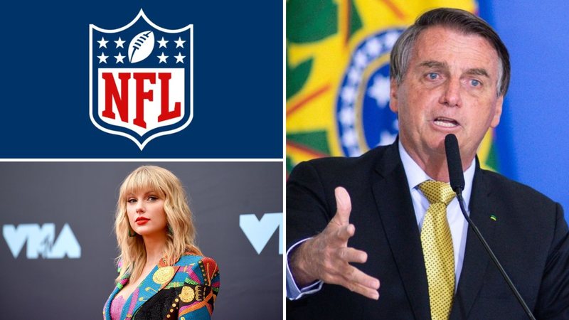 Logo da NFL (Foto: Reprodução), Taylor Swift (Foto: James McCarty / Getty Images) e Jair Bolsonaro (Foto: Getty Images)