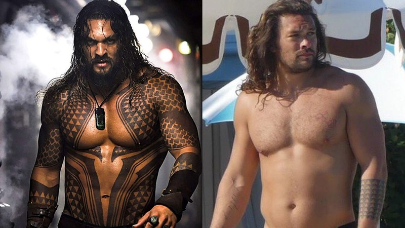 Jason Mamoa em Aquaman à esquerda e o mesmo em foto recente divulgada no Twitter (Foto 1: Divulgação | Foto 2: Divulgação)