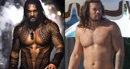 Jason Mamoa em Aquaman à esquerda e o mesmo em foto recente divulgada no Twitter (Foto 1: Divulgação | Foto 2: Divulgação)