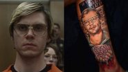 Evan Peters em 'Dahmer: O Canibal Americano' (Foto: Reprodução/ Netflix) e tatuagem de Jeffrey Dahmer (Foto: Reprodução/Instagram)