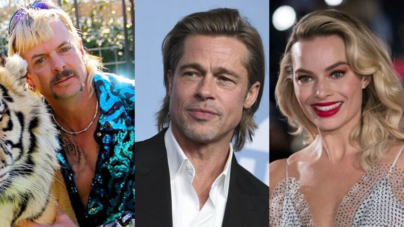 Montagem de Joe Exotic, Brad Pitt e Margot Robbie (Foto 1: Divulgação/Netflix. Foto 2: Jordan Strauss / Invision / AP. Foto 3: Vianney Le Caer/Invision/AP)