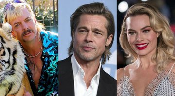 Montagem de Joe Exotic, Brad Pitt e Margot Robbie (Foto 1: Divulgação/Netflix. Foto 2: Jordan Strauss / Invision / AP. Foto 3: Vianney Le Caer/Invision/AP)