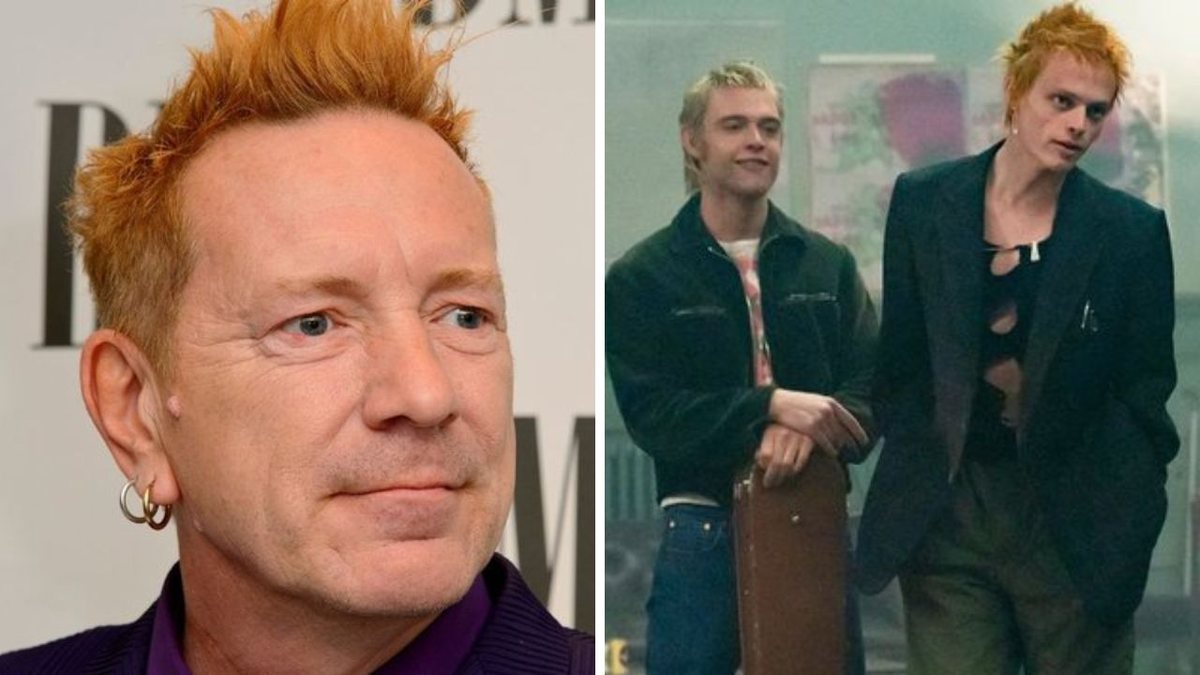 Johnny Rotten (Foto: Getty Images / Ben A. Pruchnie) e elenco de Pistol (Foto: Divulgação)