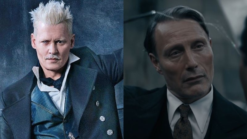 Johnny Depp como Grindelwald (foto: reprodução/ Warner) e Mads Mikkelsen em Animais Fantásticos: Os Segredos de Dumbledore (Foto: Reprodução / Youtube / Warner Bros. Pictures)