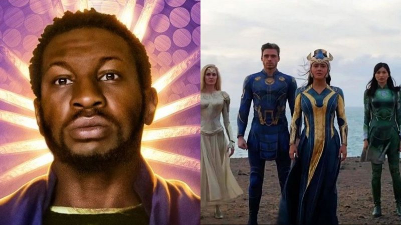 Jonathan Majors como Aquele que Permanece (Foto: Divulgação / Disney+) e o elenco de Eternos (Foto: Reprodução/Marvel)